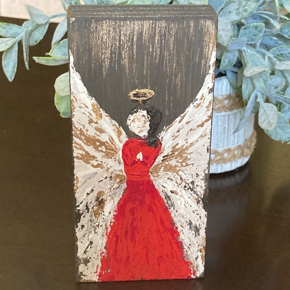 Red Angel Painting on Wood Block. Hand painted. Textured Acrylic Painting - Picture 8 of 8